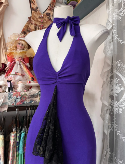 Elegant Halter V Neck Satin Lace Mermaid Long Evening Dress Purple Birthday Party Dress Prom Gown