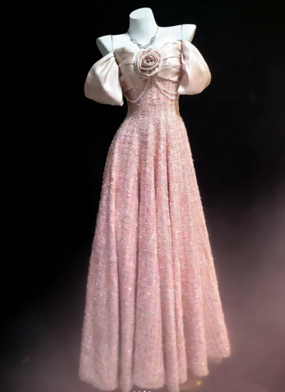 Sweet Pink Off The Shoulder Sequin A Line Long Wedding Guest Dress Formal Party Dress Birthday Prom Gown SP1623