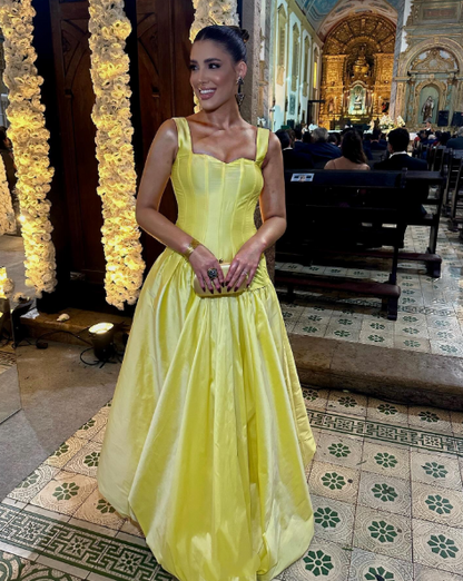 Stylish Satin Yellow A Line Formal Party Dress Birthday Prom Gown