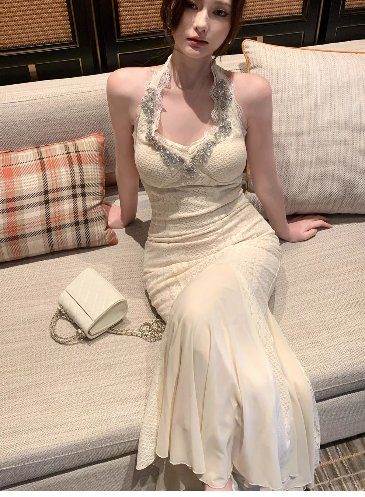 Charming Light Apricot Halter Lace Beaded Mermaid Party Dress Long Birthday Prom Gown SP1497