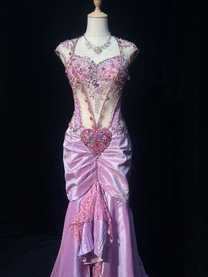 Unique Purple Satin Pleated Beaded Mermaid Evening Dress Long Birthday Prom Gowns SP1784