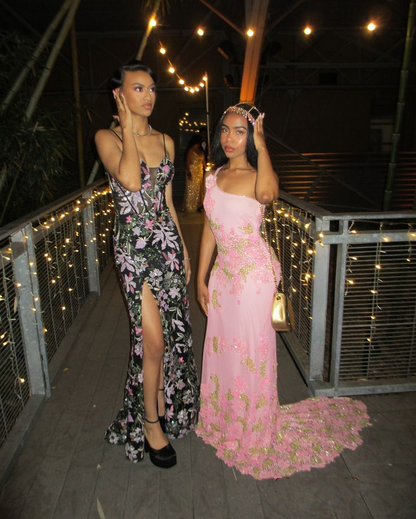 Charming One Shoulder Pink Satin Lace Sequin Mermaid Long Party Dress Formal Long Wedding Guest Dress SP1346