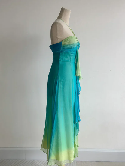 Unique Halter Ombre Chiffon Long Birthday Party Dress Evening Gown