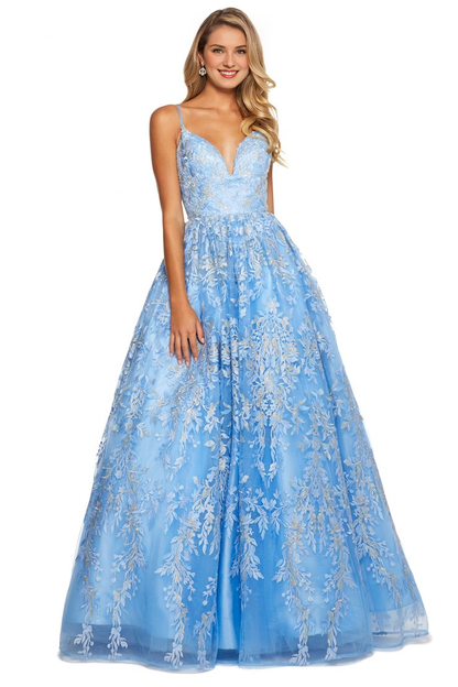A-line V-neck sheer lace applique thin shoulder strap and floor length evening dress