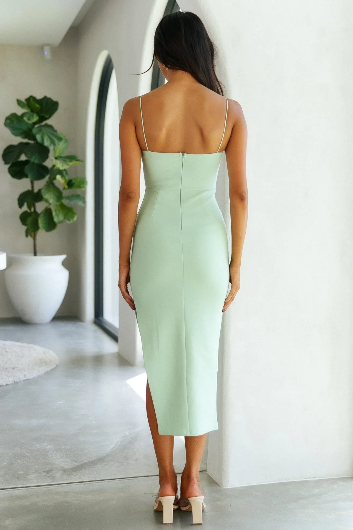 heart-shaped neckline thin shoulder straps side slit mid length Prom dress