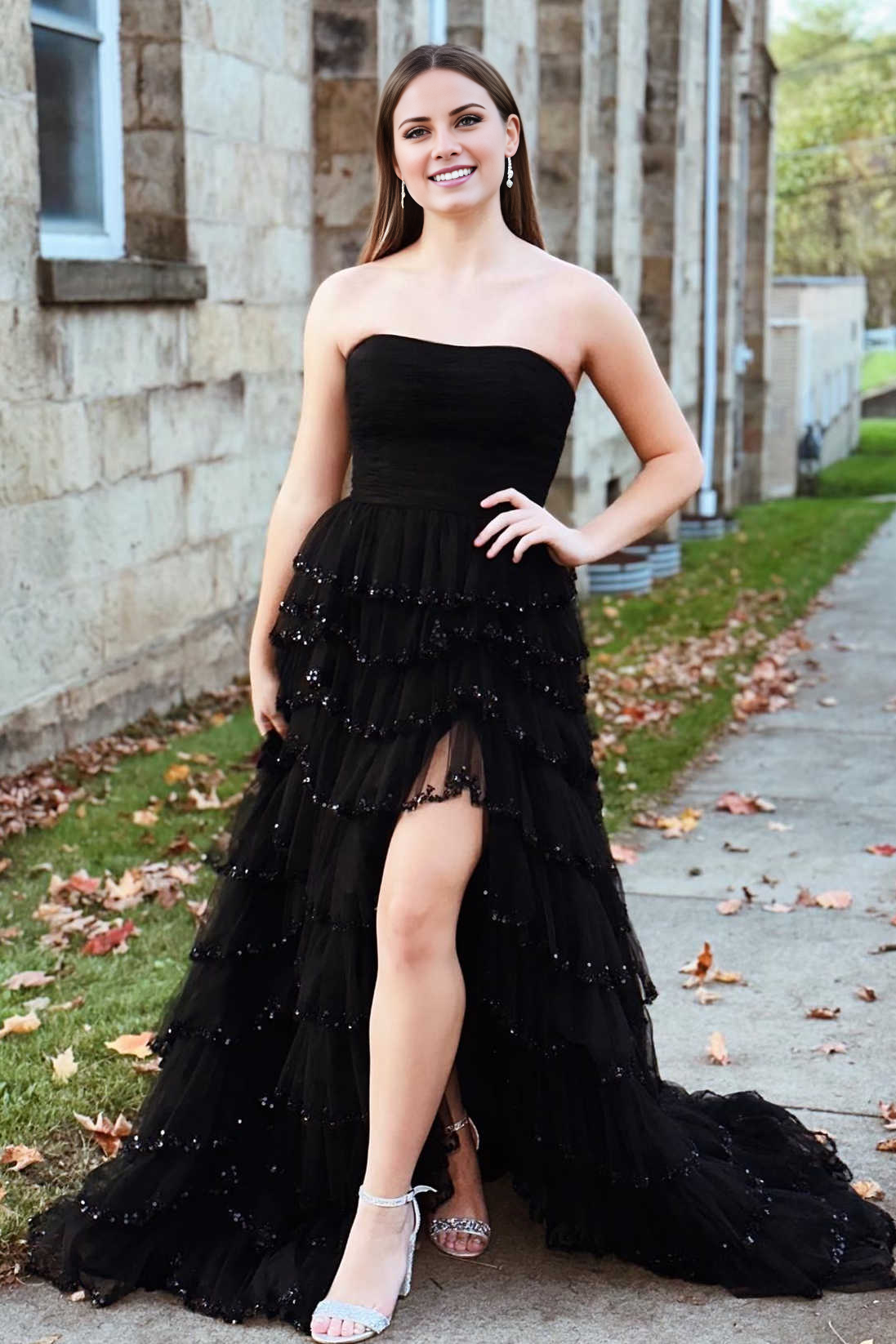 off shoulder light blue sequined layered A-line long dress