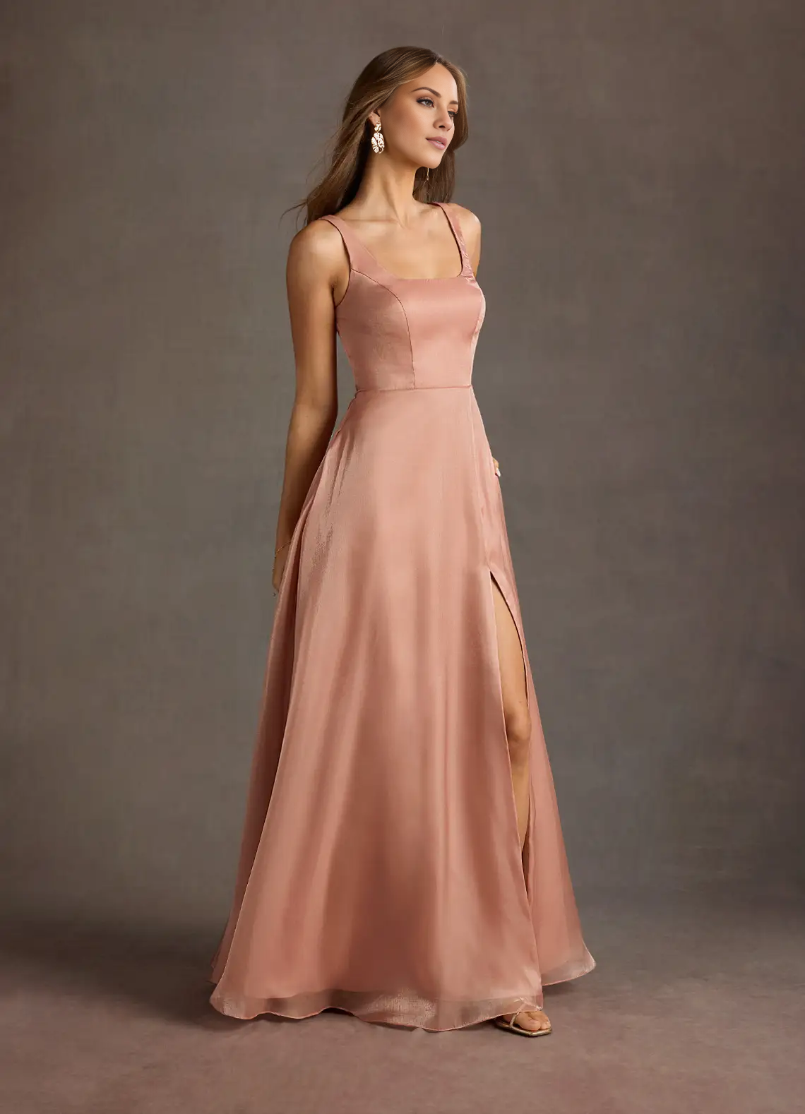 square neckline satin side slit backless and floor length Prom dress
