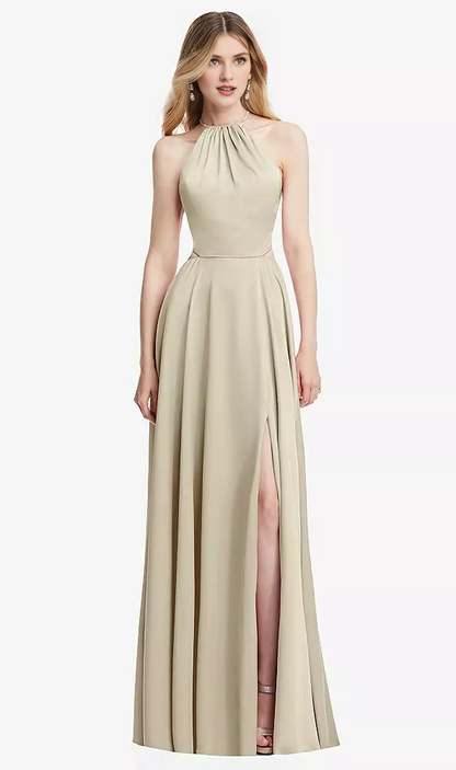 Hanging neck cross strap pleated back strap hollowed out long Prom dress