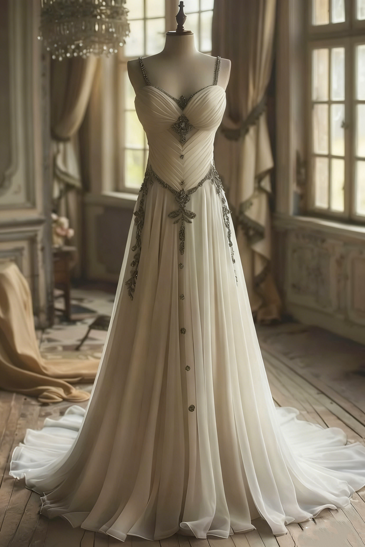 Wedding Dress Off-White Spaghetti-Strap Rhinestone-Embellished Train Gown gh6402