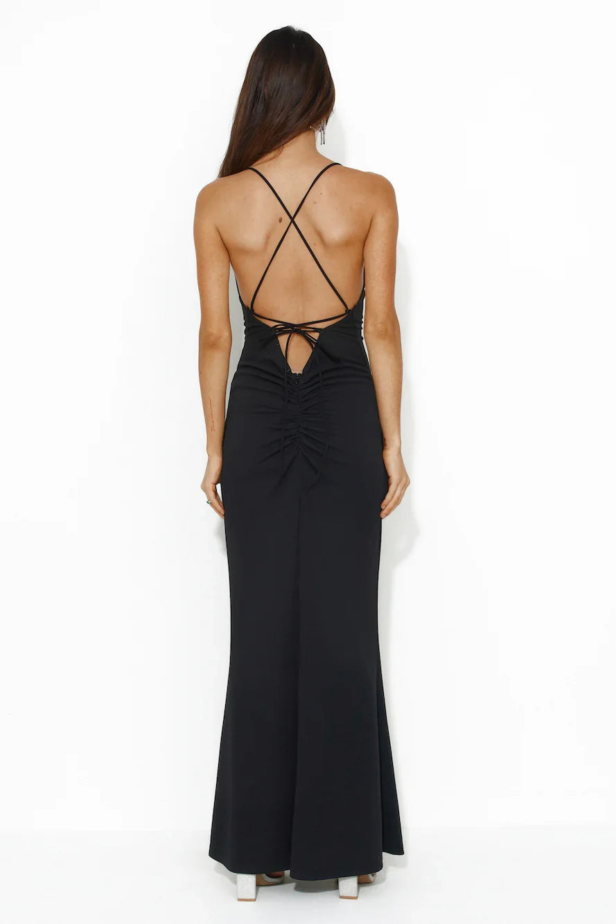 collar back strap exposed back and floor length Prom dress