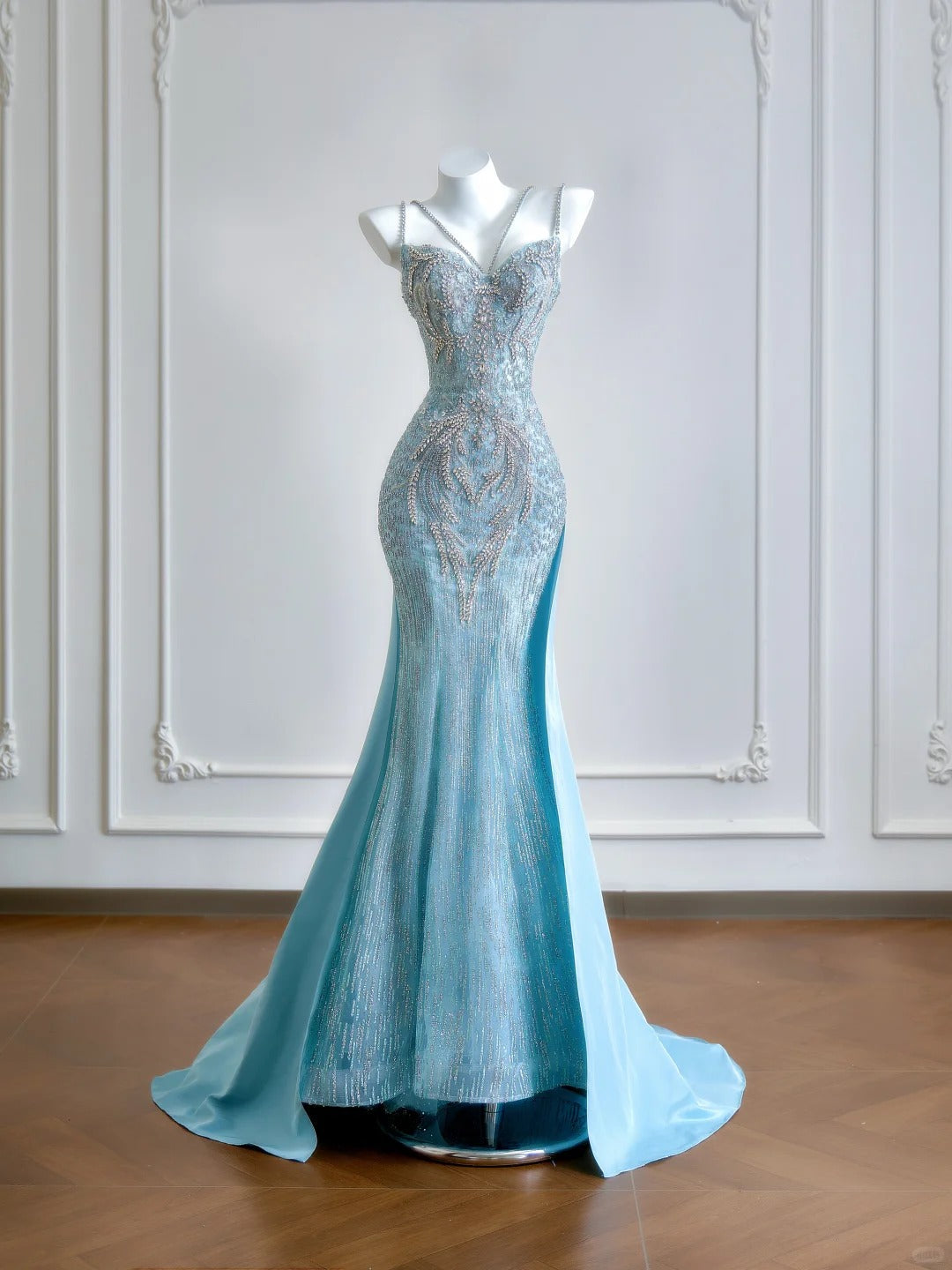 Girlhomeshops--Aqua blue mermaid tail exquisite beaded long floor-length tulle prom dress gh5484