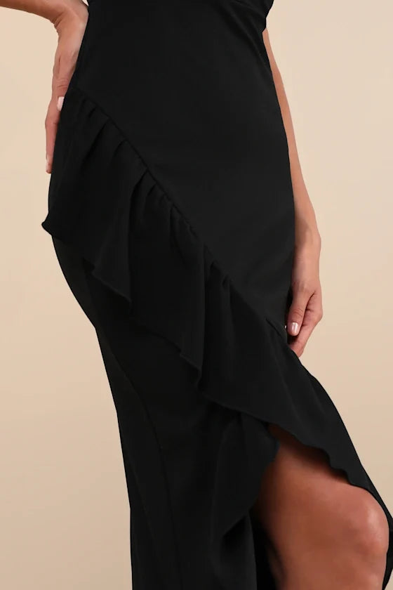 square neckline off shoulder sleeveless backless ruffle edge and floor length evening dress