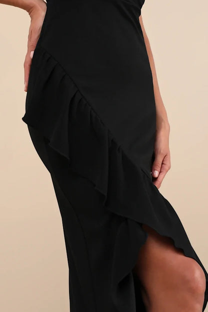 square neckline off shoulder sleeveless backless ruffle edge and floor length evening dress