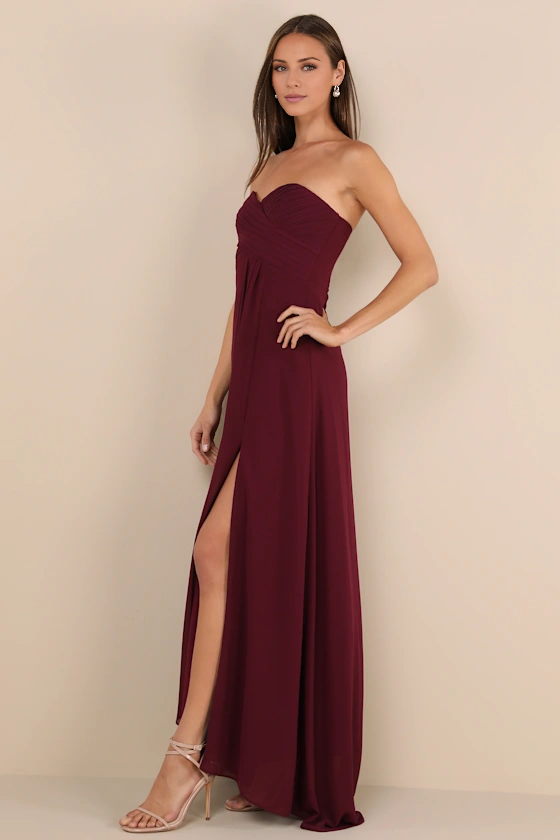 off shoulder collar sleeveless strapless backless side slit and floor length evening dress