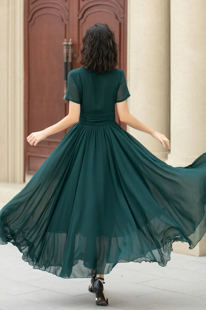 - V-neck short sleeved chiffon flowing long Prom dress