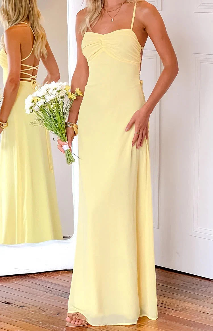 square neckline thin shoulder strap backless side slit and floor length Prom dress