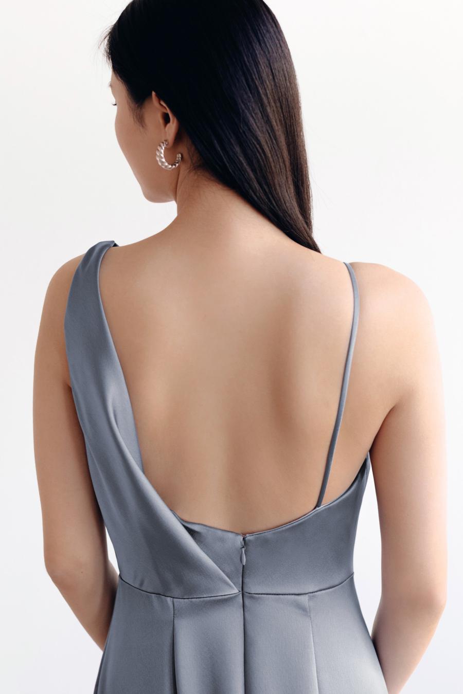 asymmetrical neckline off shoulder sleeveless backless and floor length evening dress
