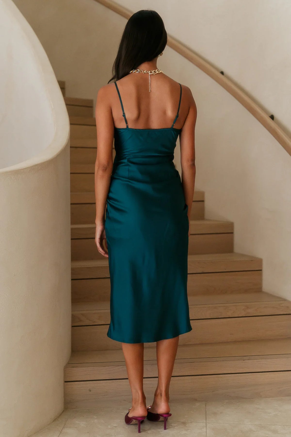 Pendant Collar Thin Shoulder Strap Satin Long Prom Dress