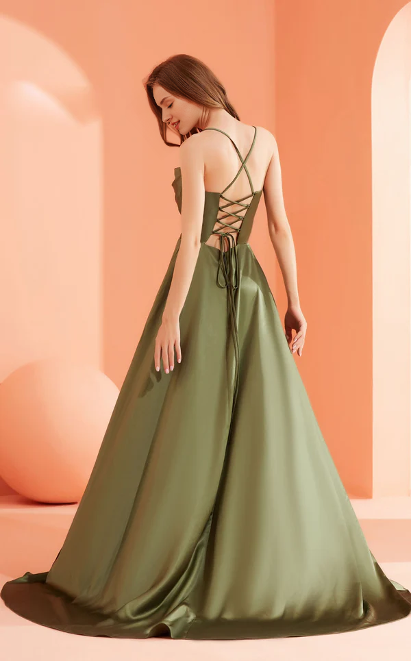 A-line square neckline sleeveless thin shoulder strap with side slits and floor length Prom dress