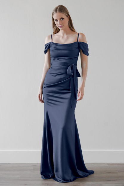 off shoulder collar thin shoulder straps backless and floor length evening dress