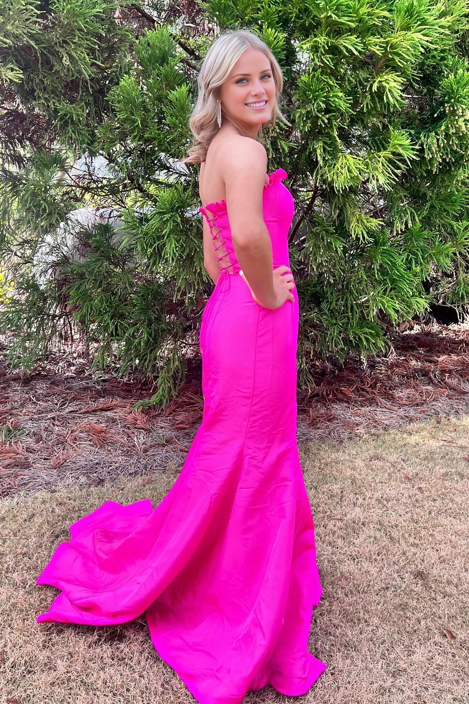 off shoulder red satin slit with fish tail long dress