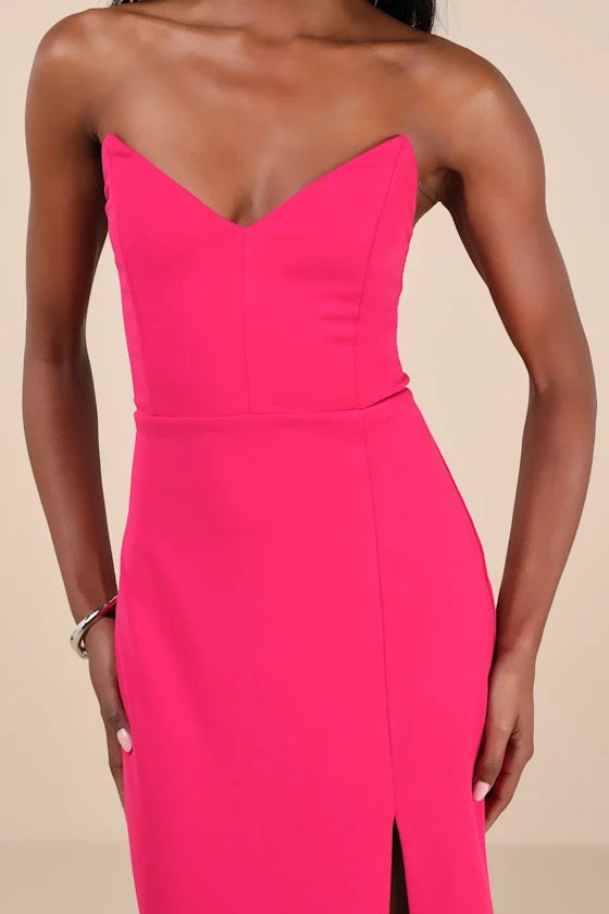 off shoulder collar sleeveless strapless backless side slit and floor length evening dress