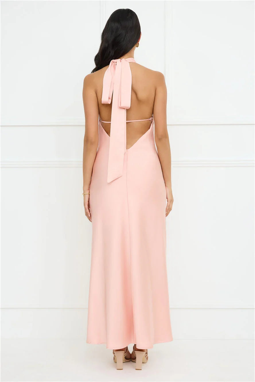 halter neckline satin bow tie tie maxi prom dress