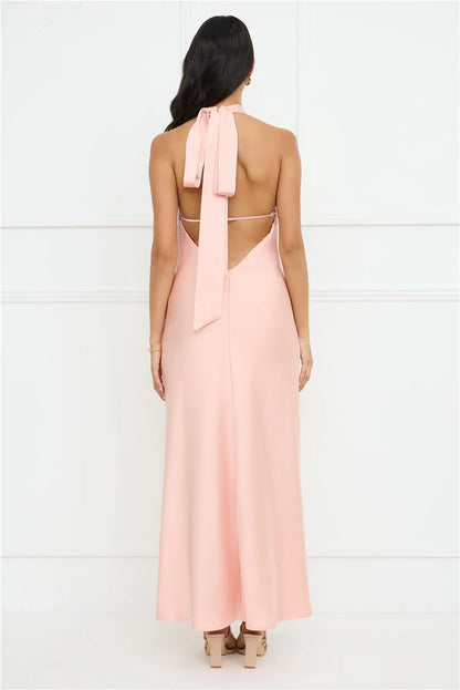 halter neckline satin bow tie tie maxi prom dress