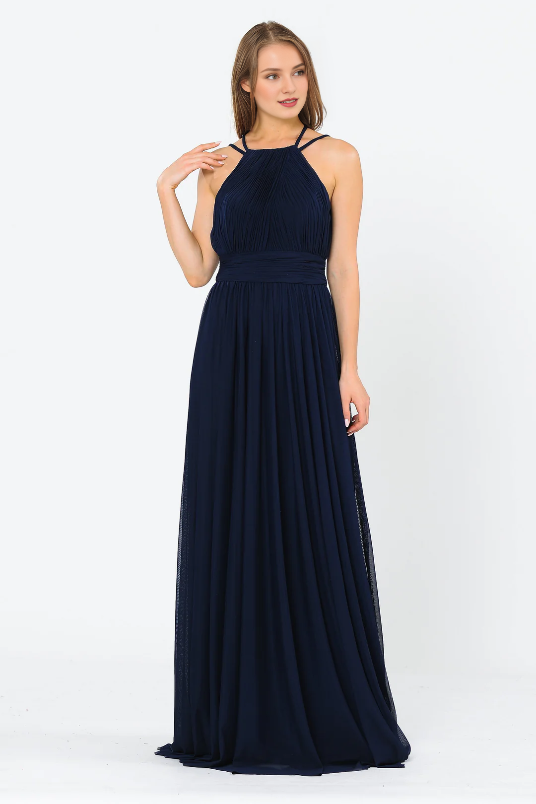 A-line pleated neck hanging long dress
