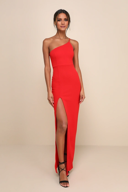 asymmetrical collar off shoulder sleeveless backless side slit and floor length evening dress