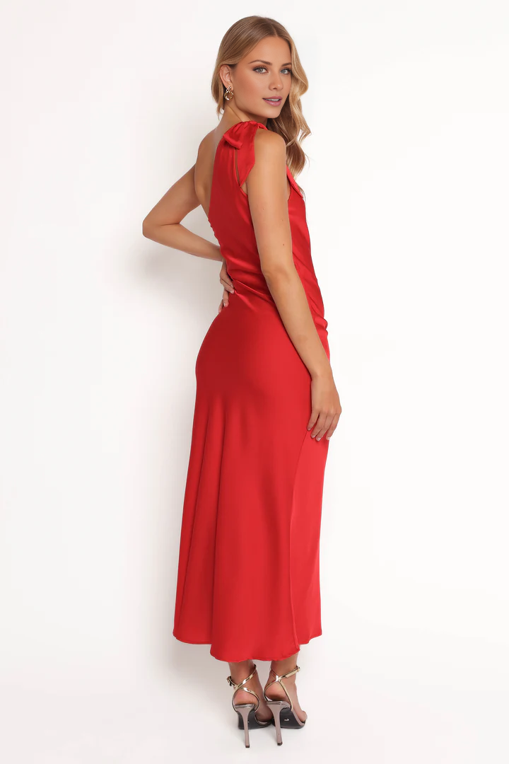 single shoulder collar satin side slit long Prom dress