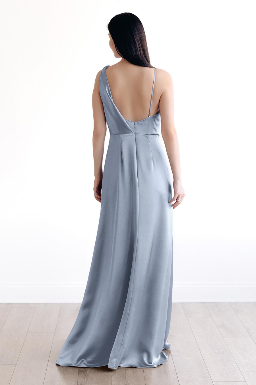 asymmetrical neckline off shoulder sleeveless backless and floor length evening dress
