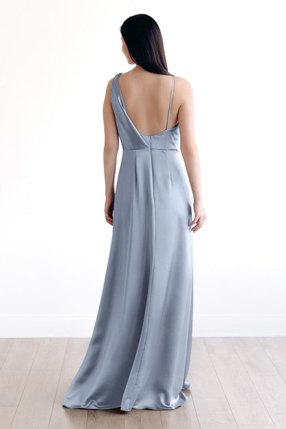 asymmetrical neckline off shoulder sleeveless backless and floor length evening dress