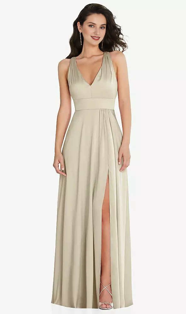 Front slit parallel crease seam shoulder back cross long Prom dress