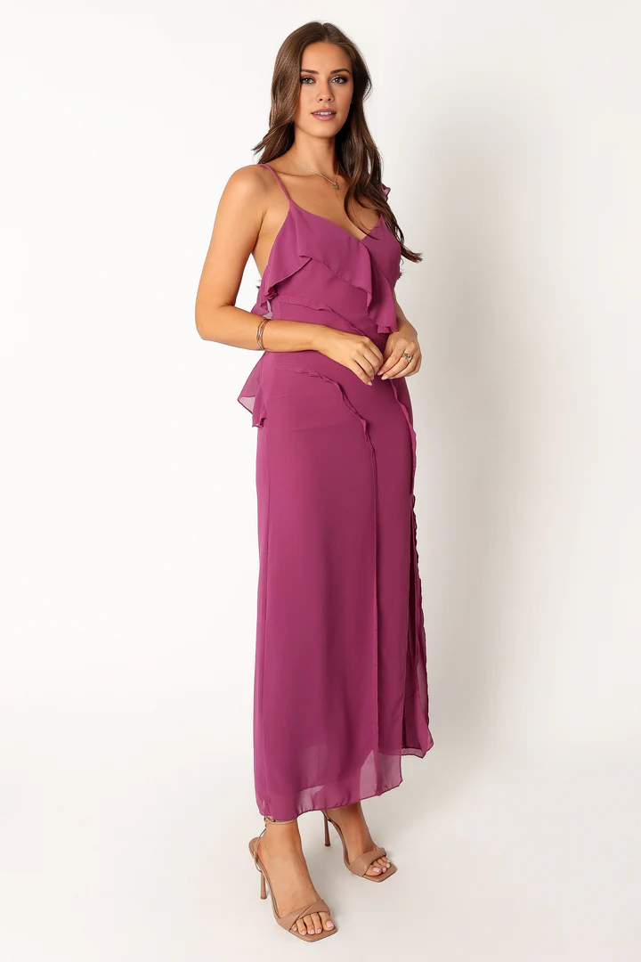 V-neck front split lotus leaf side length style Prom dress