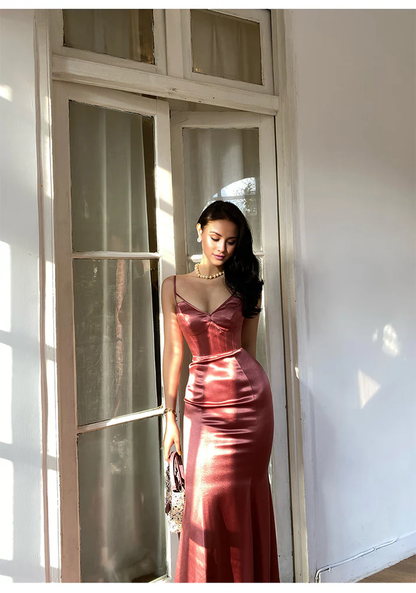 V-neck sleeveless thin shoulder strap and floor length satin Prom dress