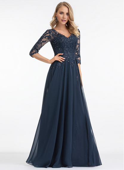 A-line V-neck floor mopping lace chiffon with sequins, mother of the bride dress