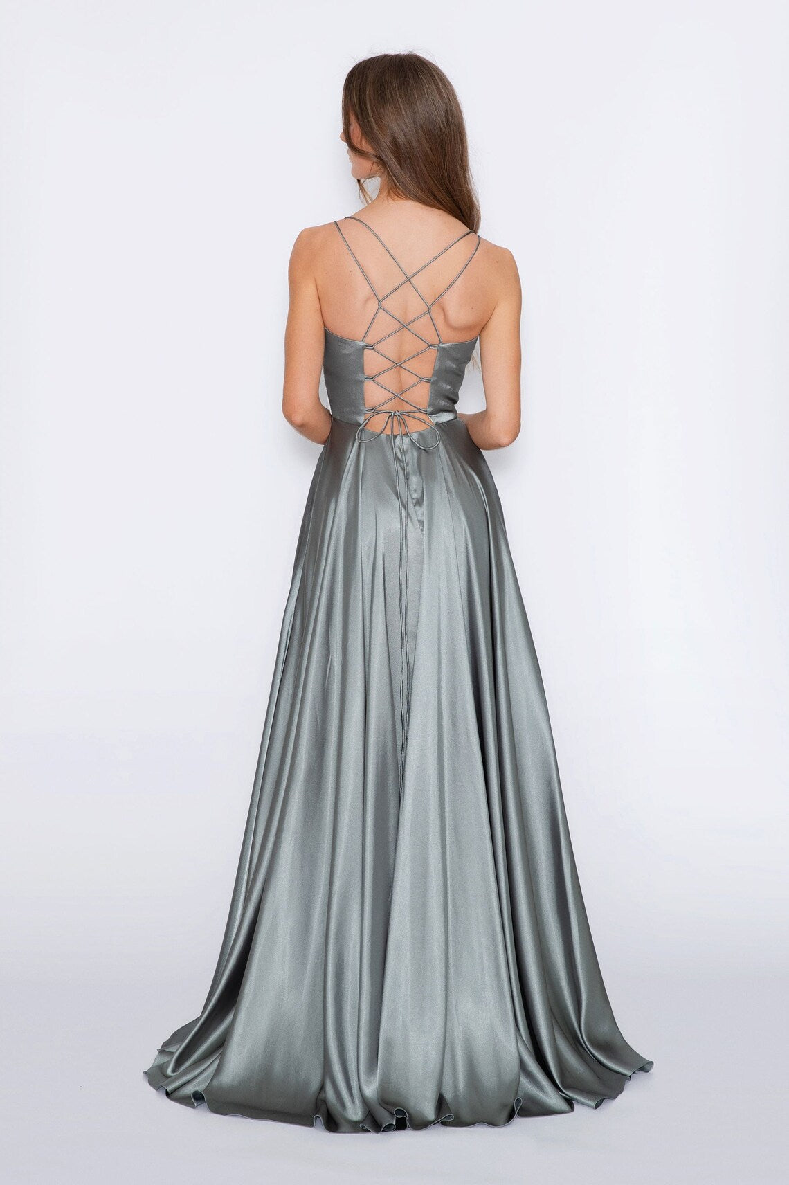 slim shoulder strap V-neck backless side slit and floor length Prom dress