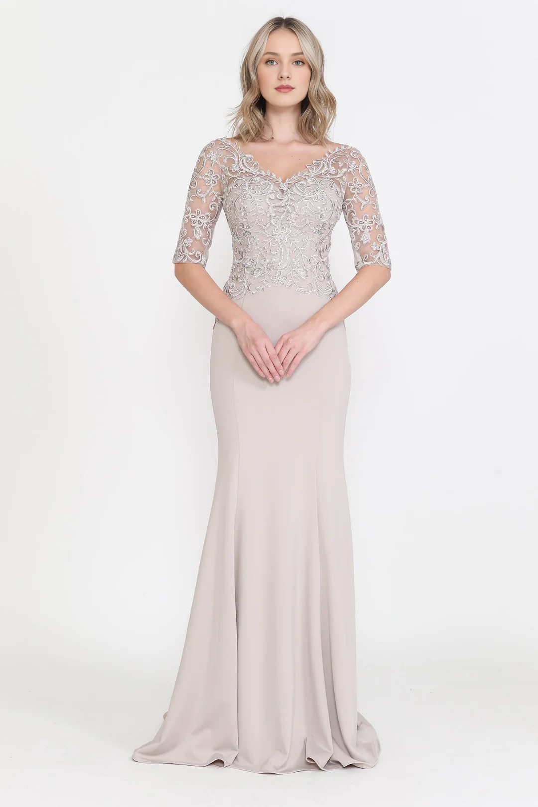 Transparent half sleeve long V-neck embroidered fitted dress