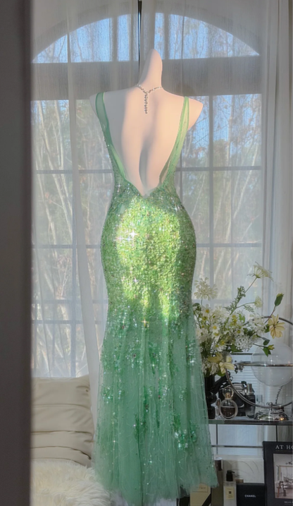 Sparkly Green V Neck Tulle Sequin Beaded Mermaid Long Evening Dress Party Gown