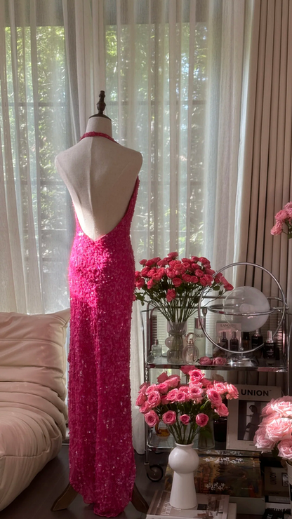 Rose pink halter neck backless sexy long ball gown R7755