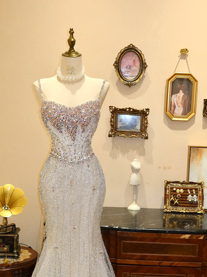 White Spaghetti-Strap Crystal-Embellished Neckline Waist-Cinched Slim-Fit Bodycon Sexy Ball Gown, Bridal Gown R7128