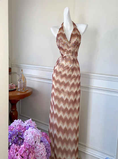 Pinkish-brown halter neck fitted waist long ball gown R6888