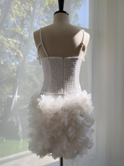 White suspenders, slim waist, flower bud skirt, short skirt, homecoming dress R5038