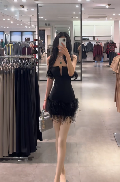 Black strapless waist-cinching slim-fit sexy short prom dress R7915