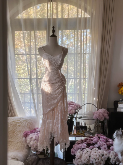 Light pink floral print halter-neck fitted bodycon long ball gown R7724