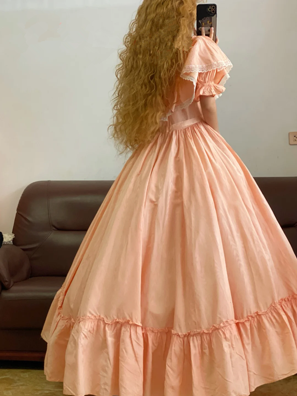 Light Orange Waist-Cinched Puffball Skirt Ball Gown, Bridal Gown R7340