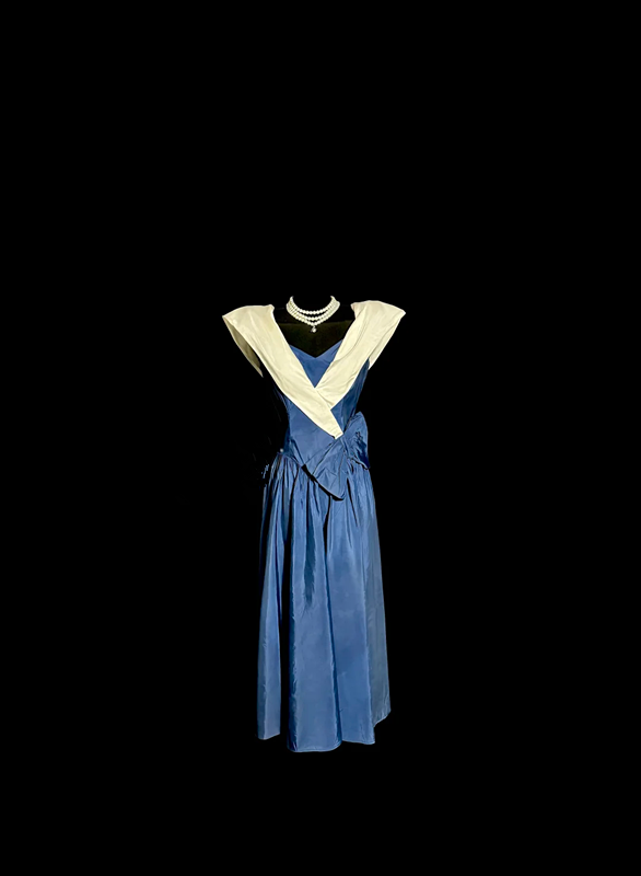 Blue satin fitted A-line ball gown R6609
