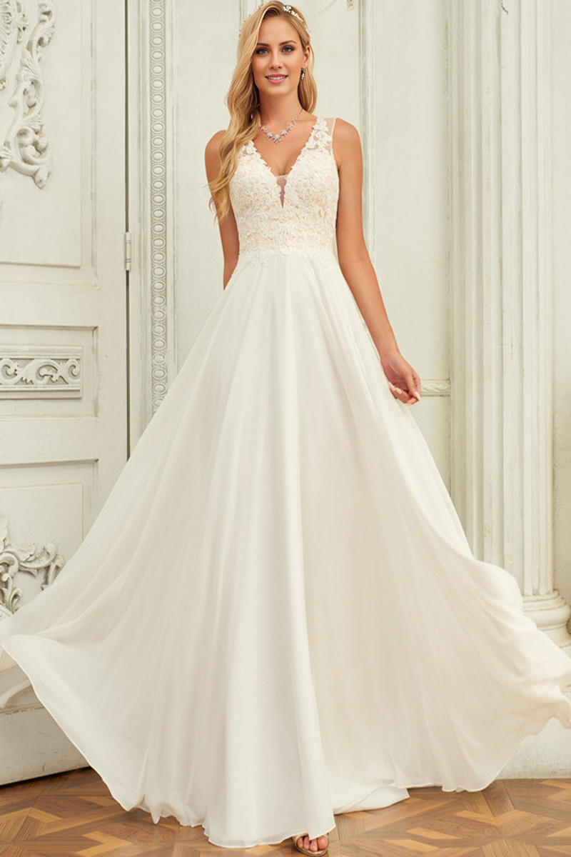 A-line V-neck sweeping trailing sleeveless lace chiffon wedding dress