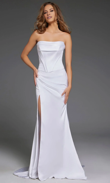 off shoulder strapless backless side slit and floor length evening dress